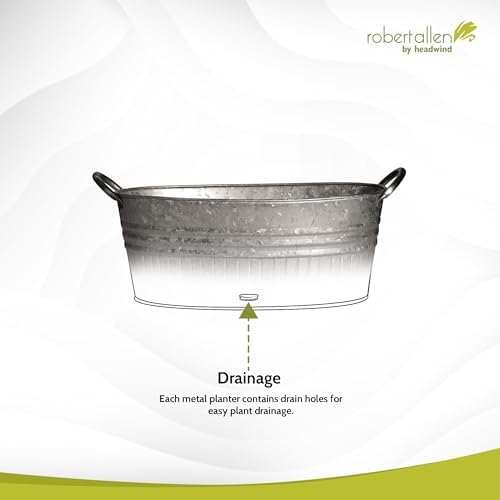Headwind Decorative Planter - Oval Galvanized Tubs Planter with Handles – 16.5 Inch Lightweight Steel Indoor Oval Plant Pot with Drainage Holes – Large Galvanized Tub Flower Bucket – Outdoor Planter - Image 5