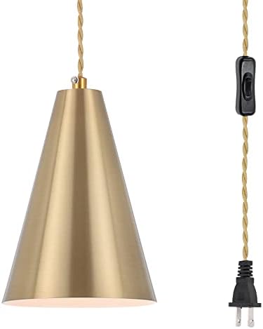 Gold Plug In Pendant Light,Hanging Lights With Plug In Cord On/Off Switch, Mini Brass Pendant Lights for Kitchen Island,Modern Chandeliers Light Fixture with Metal Shade,Hanging Lamps for Bedroom by DIJIAHUA