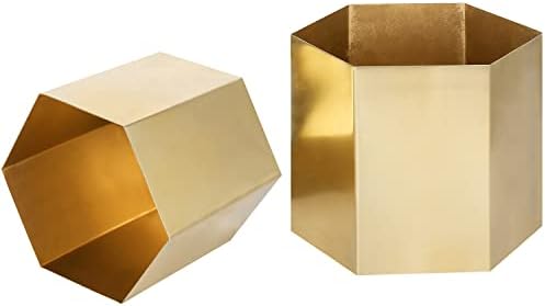 MyGift Metallic Brass Metal Hexagon Planter Pots Set of 2 Handmade in India - Image 6