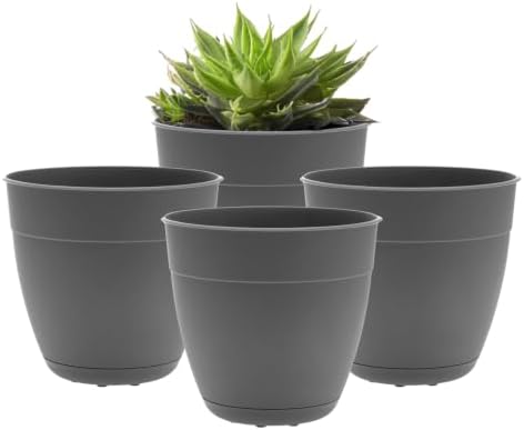 Bloem Dayton 6" Recycled Plastic Planter with Saucer, Charcoal, 4-Pack by Bloem