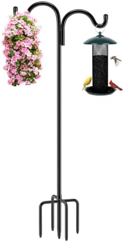 Gtongoko Double Shepherds Hook for Outdoor, 76 Inch Bird Feeder Pole with 5 Prongs Base, 5/8 Inch Thick Heavy Duty Adjustable Garden Hook for Hanging Plant, Lantern, Hummingbird Feeder, 1 Pack by Gtongoko