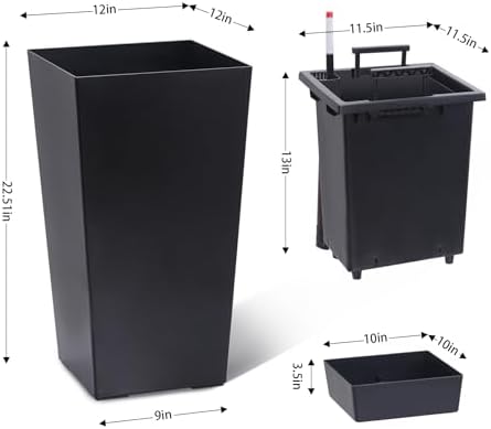 Patikuin 22.4" Tall Self-Watering Planters Set of 2, Black Modern Plant Pots with Water Level Monitor & Drainage Holes, Weather-Resistant Plastic for Indoor Outdoor Patio Porch Entryway - Image 2