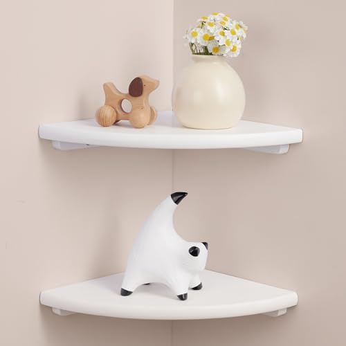 Floating Corner Shelves Set 2 9inch White Solid Oak Rounded Corner Shelves Wall Mounted with Cable Hole Wood Corner Hanging Shelves for Living Room Bedroom Bathroom Kitchen by GIEANOO