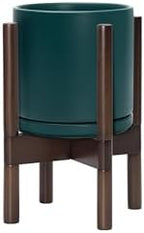 D'vine Dev Ceramic Pot with Walnut Wood Stand, Teal, 8 in, 55-B-Y-4 - Image 7