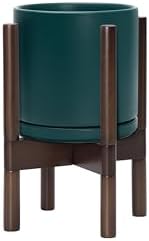 D'vine Dev Ceramic Pot with Walnut Wood Stand, Teal, 8 in, 55-B-Y-4 - Image 7