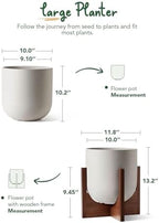 LE TAUCI 10 Inch Planter with Acacia Wood Stand, Ceramic Planters for Indoor Plants, Unique Plant Pots Indoor for Home Decor, Cylinder Pots for Plants with Drainage Hole and Plug, Neutral Gray - Image 4
