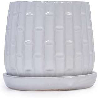 6" Glazed Ceramic Planter Set with Bamboo Texture, White - Image 4