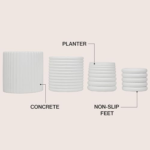 Eyely Elina Modern Minimalist Handmade Concrete Fluted Sculptural Cylinder Planter Set with Drainage Holes, Matte White (Set of 4) (NLP1000B-4SET) - Image 4