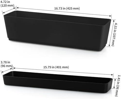 Skelang 3 Pcs Rectangular Plant Pot, 16.7" Flower Planter Box with Drainage Hole, Windowsill Container with Tray for Succulents, Cacti, Herbs, Black - Image 3