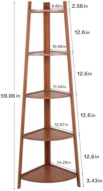 5-Tier Corner Shelf Stand, Tall Wood Shelf, Bookshelf for Living Room, Bedroom, Office, Plant Display, Rustic Brown Freestanding Triangle Storage Rack - Image 3