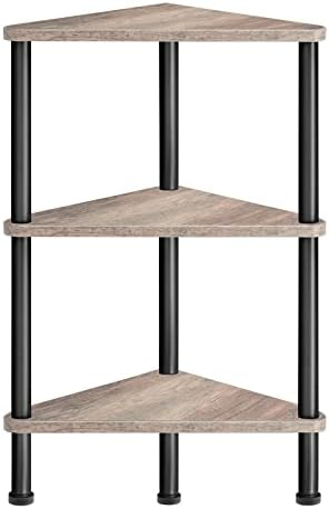HOOBRO Corner Shelf Stand, Industrial 3-Tier Wall Corner Bookshelf with Metal Frame, Plant Display Shelf, Bookcase for Small Spaces, Living Room, Greige and Black BG30CJ01 by HOOBRO