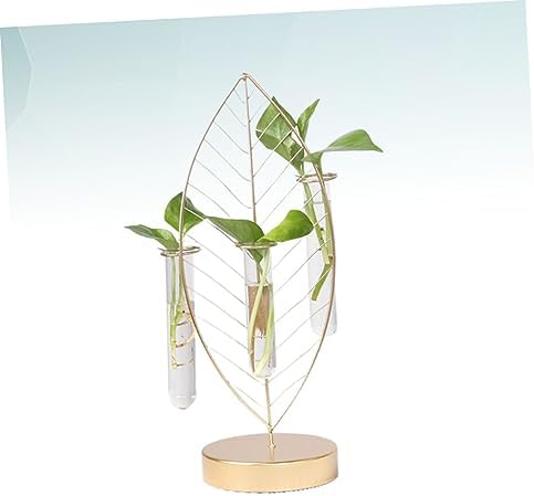 Leaf Shaped Glass Vase with Iron Frame, 3 Tube Hydroponic Planter - Image 4