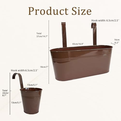 4 Pack Mixed Size Metal Fence Planters Set with Detachable Hooks, Chocolate - Image 4