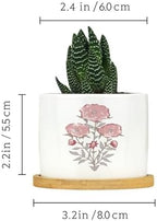 Mughal Flower Planters Ceramic Pink Flower Round Flower Pots with Drainage Holes and Bamboo Tray Pot for Succulents Cactus Garden Windowsill - Image 2
