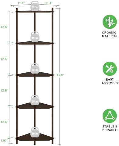 Wisuce Brown Tall Corner Shelf Stand, 5-Tier Bamboo Corner Bookshelf - Image 2