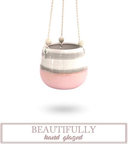 23 Bees Ceramic Hanging Planter, Pink White Succulent Pots, Round Plant Holder Container, Cactus Pot with Cotton Rope Hanger, Indoor Outdoor Decor, (1 Pack x Pink Horizon) - Image 5