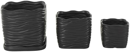 Deco 79 Ceramic Indoor Outdoor Planter Wavy Ribbed Large Planter Pot with Attached Saucer, Set of 3 Planters 7",6",5" H, Black - Image 3