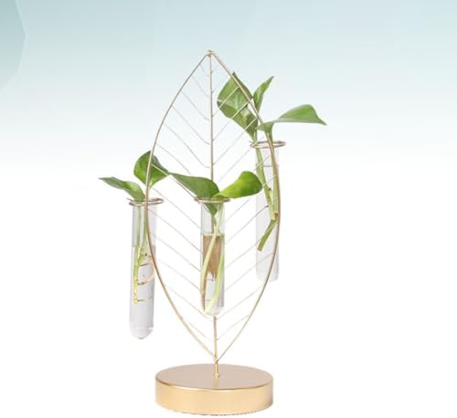 VANZACK Golden Leaf Iron Frame Glass Flower Planter Vase with 3 Test Tubes Hydroponic Propagation Container for Home and Office Plant Arrangement - Image 5