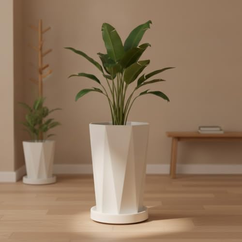 Geometric Faceted Floor Pot with Tray | Minimalist, Octagonal Planter with Tray, Modern, Container Holder, for Living Room, Indoor Garden, Interior Design, Grey, L - Image 6