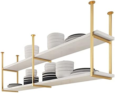 Hanging Ceiling Pot Pan Rack Kitchen Storage Shelving,White Wood Shelf and Gold Metal Iron Frame Wine Holder Flower Stand-60cm/80cm/120cm/150cm Floating Decor Display Racking for B by Unknown