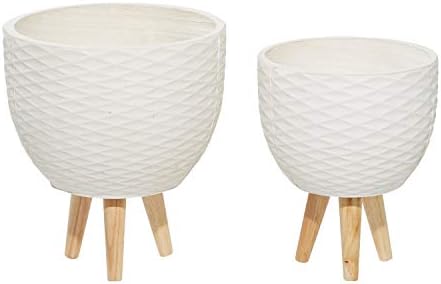 Deco 79 Ceramic Geometric Indoor Outdoor Planter Diamond Patterned Large Planter Pot with Wood Tripod Legs, Set of 2 Planters 16", 14"H, White - Image 6