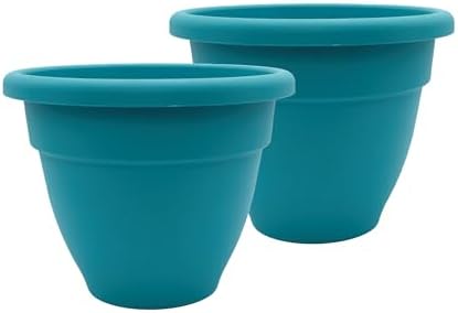 The HC Companies 14 Inch Caribbean Planter Pots with Drainage & Plug, Rolled Rim Plastic Planters for Indoor & Outdoor Plants, 2-Pack Decorative Flower Pots for Garden, Office & Home Decor, Dusty Teal by TheHCCompanies