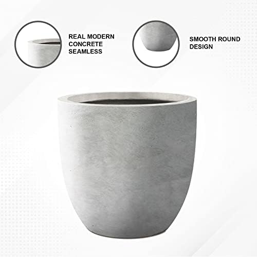 Round Concrete/Fiberglass Indoor & Outdoor Lightweight Decorative Plant Pots with Drainage Hole, Single Planter, 13.3" L, Natural Concrete - Image 7