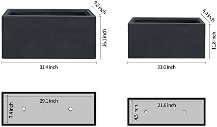Kante 31.4" and 23.6" L Rectangular Concrete Planters (Set of 2), Outdoor Indoor Modern Plant Pot with Drainage Hole and Rubber Plug for Garden, Patio, Charcoal Finish - Image 2