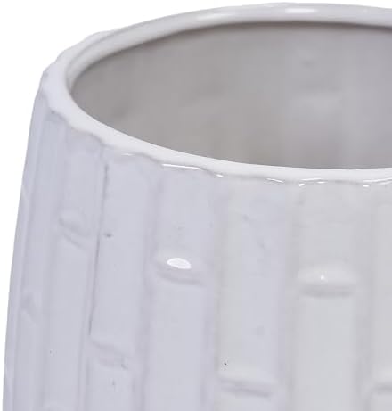 6" Glazed Ceramic Planter Set with Bamboo Texture, White - Image 5