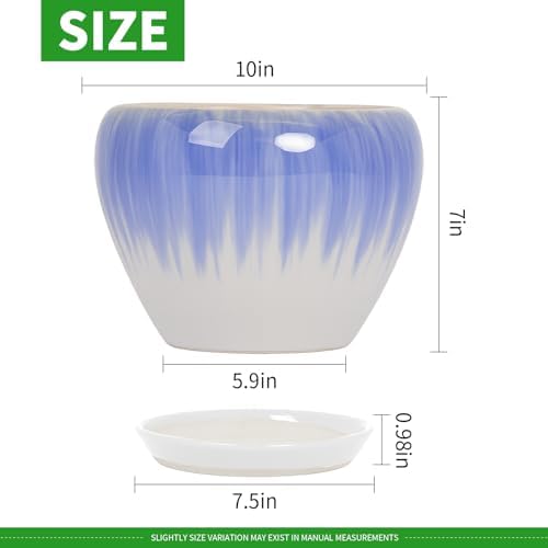 Deep Dream 10 Inch Plant Pot- Ceramic Planter Pot Round Plant Pots for Indoor Plants Outdoor Large Flower Pot with Drainage Holes & Trays, White&Blue - Image 2