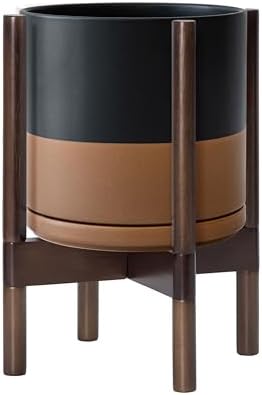 D'vine Dev Ceramic Pot with Walnut Wood Stand, Black/Tan, 10 in, 55-B-X-7 - Image 7