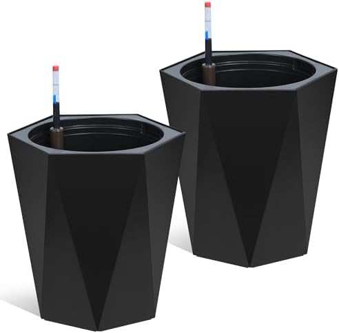 Takywep Self-Watering Tall Planters Set of 2, 22.5" & 16" Diamond Resin Flower Pots with Water Level Monitor & Wheels for Indoor & Outdoor Plants, Patio, Porch, Living Room and Home Office - Image 2