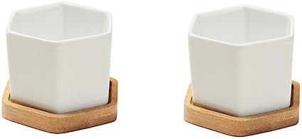 Mikikit White Ceramic Hexagonal Succulent Pots 2 Sets with Bamboo Tray by Mikikit
