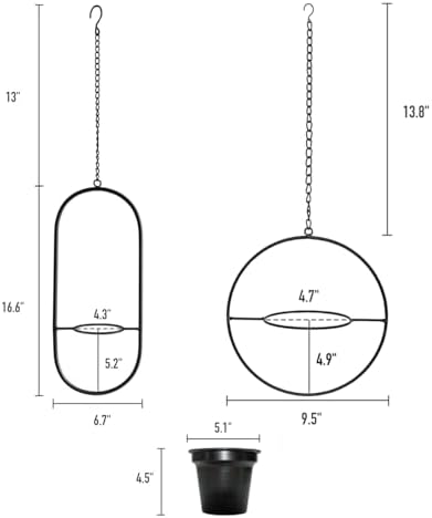 Modern Metal Hanging Planters Set of 2 - Round and Oval Geometric Plant Hangers with 5 Inch Pots - Black Wall and Ceiling Mount Flower Holders for Indoor and Covered Outdoor Décor - Image 3