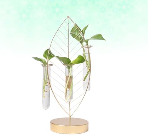 Abaodam Golden Leaf Iron Frame Glass Flower Vase with 3 Test Tubes Hydroponic Planter for Home Plant Propagation and Floral Arrangement Decor - Image 5