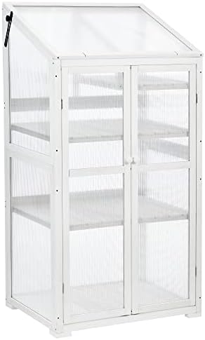 62" Tall Wooden Portable Greenhouse with Wheels, Adjustable Shelves, 3-Tier Cold Frame Plant Cabinet/ Indoor Outdoor Plant Stand, Rolling Mini Greenhouse for Patio, Balcony, Garden (White) - Image 4