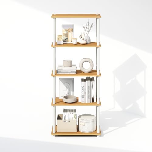 Furinno Turn-N-Tube Book Shelf, 5-Tier Bookshelf, Bookcase with Multipurpose Compact Display Rack, 11.6 x 23.6 x 57.4, for Living Room, Bedroom, Home Office, Beech/White - Image 6