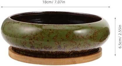 Happyyami Xmas Ceramic Bonsai Pot Set 2pcs Round Shallow Planters with Tray - Image 2
