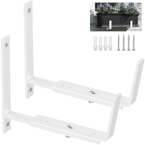 Y&M 2 Pack Adjustable Planter Brackets (6 to 12.5 in), Universal Window Box Mounting Hooks, Heavy Duty Iron Flower Box Wall Mounts for Balcony, Fences, Patio, and Garden - White by YM