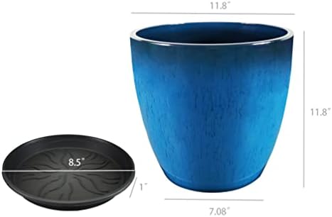 FixtureDisplays® Garden Plastic Round 11.8" Diameter 12" Tall Planter Resin Glazed Faux Ceramic Flower Pots Drainage Hole with Saucer Decorative Pot 15580-NF - Image 5
