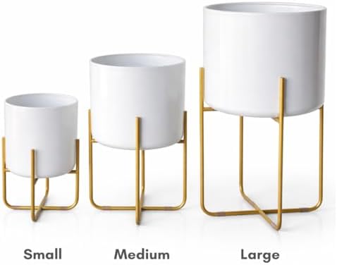 Kirpi Modern Planter Pots, Set of 2 Round White Planters with Gold Stand, Decorative Floor Planters, Steel Pots with Drainage Holes for Living Room, Office, Garden, 7 and 9 Inch Diameter - Image 4
