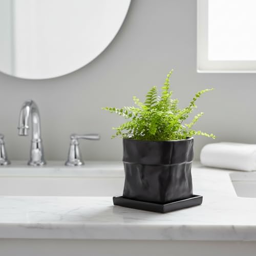 Nihow 6 Inch Ceramic Plant Pot with Drainage & Square Saucer,Black - Image 6