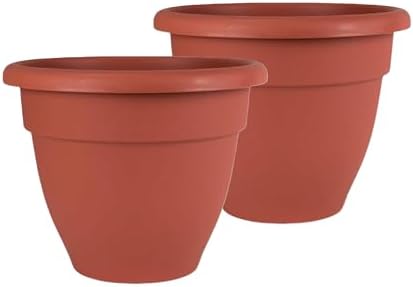 The HC Companies 16 Inch Caribbean Planter Pots with Drainage & Plug, Rolled Rim Plastic Planters for Indoor & Outdoor Plants, 2-Pack Decorative Flower Pots for Garden, Office & Home Decor, Clay by TheHCCompanies