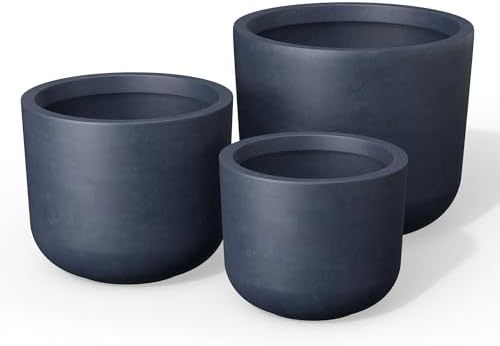 Kante Set of 3 Charcoal Concrete Capsule Round Planters for Modern Home by Unknown