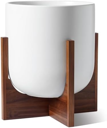 LE TAUCI 12 Inch Pots for Plants with Acacia Wood Stand, Ceramic Large Planters for Indoor Plants, Indoor Planters for Office Living Room, Cylinder Pots with Drainage Hole and Plug, White by LETAUCI
