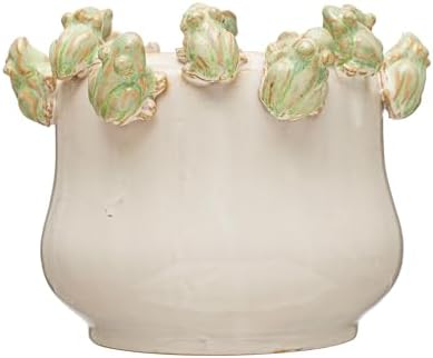 Creative Co-Op Decorative Stoneware Planter with Frog Figurine Rim, White and Green - Image 7