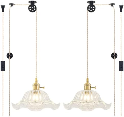 Plug in Pendant Light Vintage 2 Pack, Adjustable Pulley Hanging Lamp with Clear Lily Glass Shade, Brass Hanging Lights with Plug in Cord, Gold Hanging Pendant Light for Bedroom Living Room Kitchen by Unknown