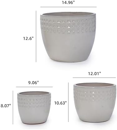 Glazed Ceramic Planter Set of 3, 15/12/9 Inch Flower Pots, Ancient White - Image 2