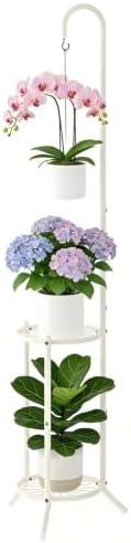 2-Tier Plant Stand With Hanging Hook, Metal Standing Plant Hanger, White by Unknown