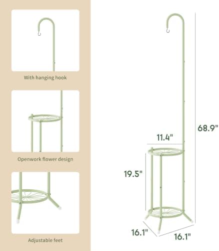 Metal Plant Stand With Hanging Hook, 2-Tier Flower Pot Display rack, Green - Image 3